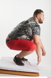 Whole Body Man White Casual Shirt Shorts Overweight Kneeling Studio photo references